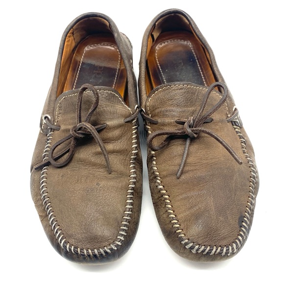 PRADA MENS BROWN GREY SUEDE LEATHER BOW DRIVING LOAFER CASUAL WALKING SHOES 6.5 - Picture 2 of 7